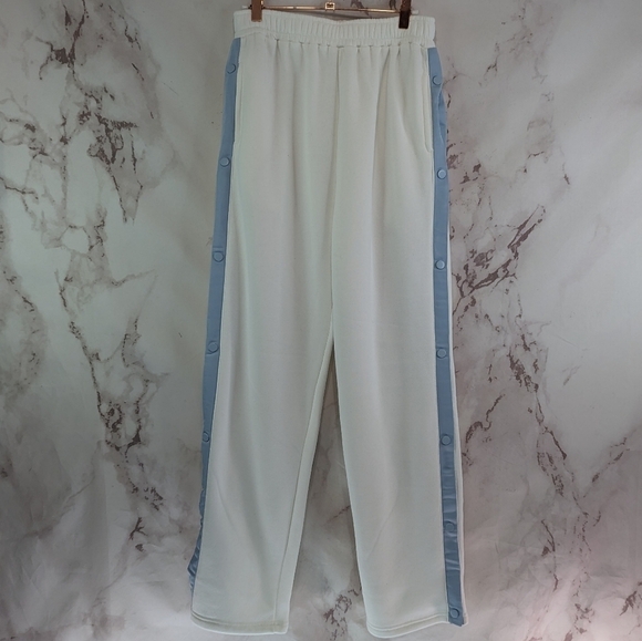 Yellow The Label Sweatpants Womens Large Tearaway White Blue Button Yllw Pants - Picture 3 of 16